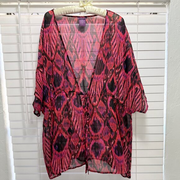 Beverly Drive Tops - Beverly Drive Women's pink, red, black tie front sheer topper; Size 16-18